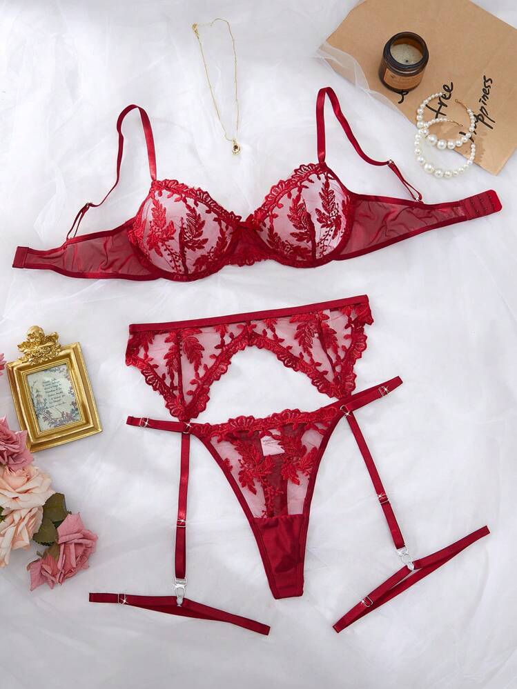 SHEIN 5 pièces/Set Lingerie sexy en maille brodée pour femmes pour sortir - Rouge foncé - Voir 1