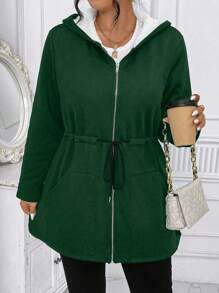 Calvaya Plus Size Winter Cinched Waist Lined Hooded Zip-Up Fleece Jacket - Green - View 6