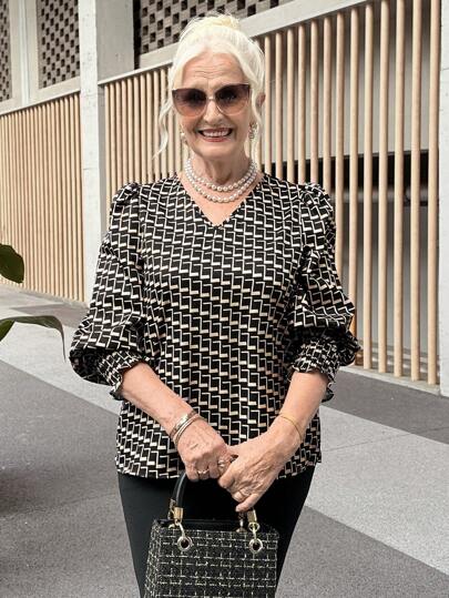 SHEIN LUNE Women's V-Neck Long Sleeve Light Geometric Print Blouse, For Party Occasion