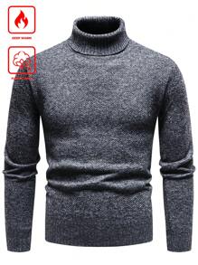Manfinity Homme Men's Solid Color Turtleneck Long Sleeve Casual Sweater With Thermal Lined, Autumn/Winter - Dark Grey - View 1