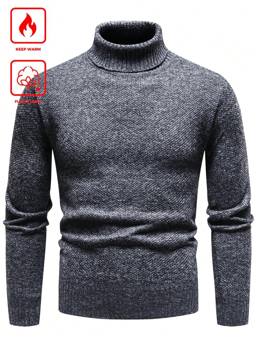 Manfinity Homme Men's Solid Color Turtleneck Long Sleeve Casual Sweater With Thermal Lined, Autumn/Winter - Dark Grey - View 1