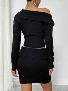 Chiquease 2 pièces Ensemble automnal de Top court à col asymétrique et jupe à boutons sur le côté - Noir - Voir 2