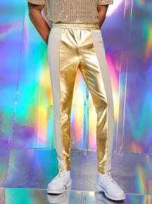 FeverCity Men's Elastic Leather Contrast Mesh Slim Fit Pants - Gold - View 1