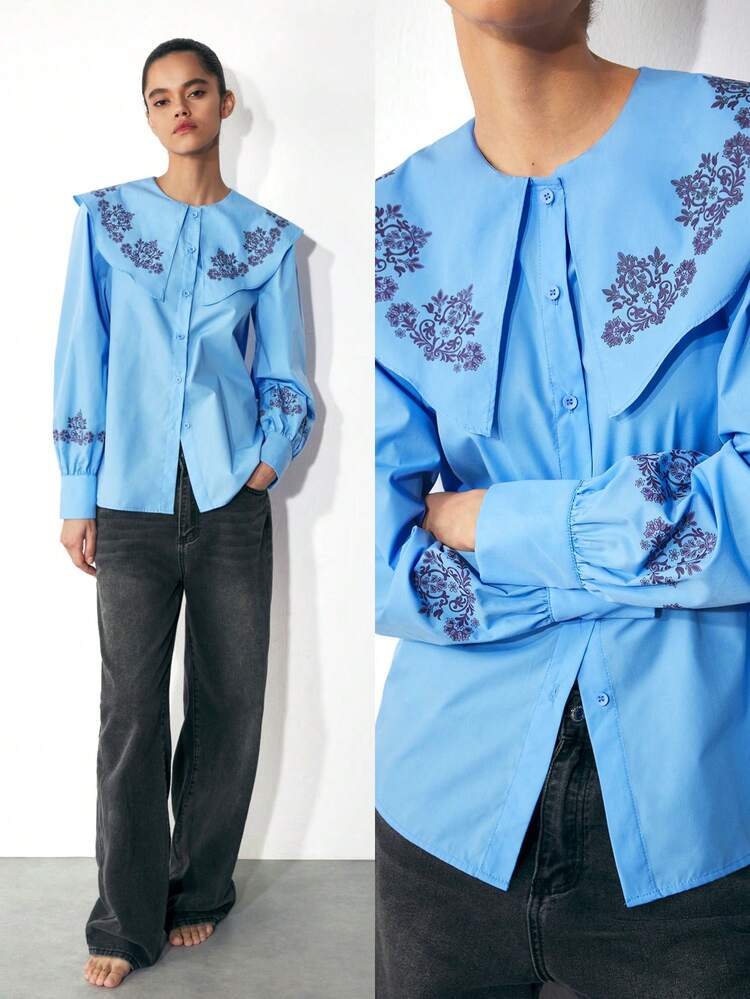 SHEIN Maija ボヘミアン ノマディック フローラル プリントVネック エレガントネイビーブルーコットンブラウス、多目的夏のビーチバケーション用レディースシャツ