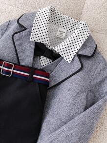 SHEIN 4pcs/Set Baby Boy Autumn/Winter Colorblock Ribbon Collar Long Sleeve Cardigan, Collar Shirt, Elastic Waist Pants Outfit With Belt, Suitable For Birthday Party, New Year, Christening, 1st Birthday, Party, Performance, Wedding, Baby Shower
