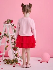 Glamorique Kids Girls Valentine's Day Pink Graphic Top Paired With Red Multi-Layer Tulle Dress