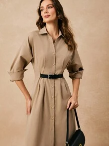 Poéselle 秋季卡其色女士休闲前腰可调节腰带纽扣长袖衬衫裙，超长衬衫裙，优雅外出装，春季服装，职业女性服装 - 卡其色 - 查看 4