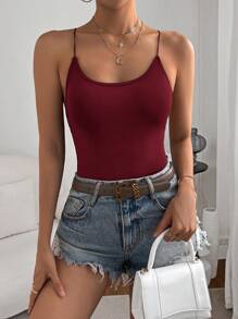 SHEIN Essnce 纯红色性感交叉露背细肩带紧身衣，勃艮第红夏季女士露背紧身衣