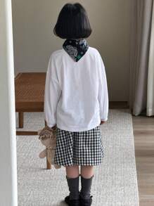 DAZY 2 件装年轻女孩卡通印花圆领长袖 T 恤和格子迷你裙休闲套装秋季 - 白色 - 查看 5