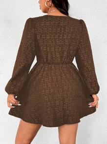 SHEIN Unity 大码 V 领简约时尚休闲日常连衣裙 - 咖啡棕 - 查看 2