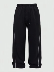 Men's Casual Loose Fit Straight Leg Sweatpants With Contrast Color Embroidered Panels, Thermal Lined, Suitable For Autumn/Winter