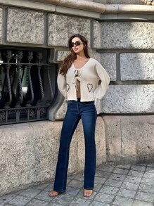 Chiquease Áo khoác cardigan dài tay thường ngày màu trơn thiết kế túi trước cho nữ - Màu be - Xem 3