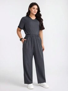 TaskEZ 大码纯色拼布短袖口袋衬衫和长裤护士制服套装 - 灰色 - 查看 3