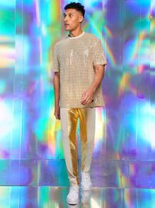 FeverCity Men's Elastic Leather Contrast Mesh Slim Fit Pants - Gold - View 7