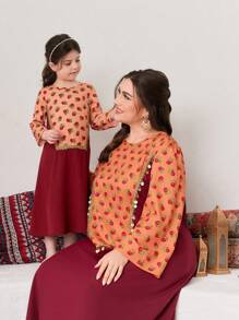 Al Najma Burgundy Red Plus Size Colorblock Round Neck Floral Printed Arabic Style Women's Abaya Kaftan Jalabiya Dress - Multicolor - View 1