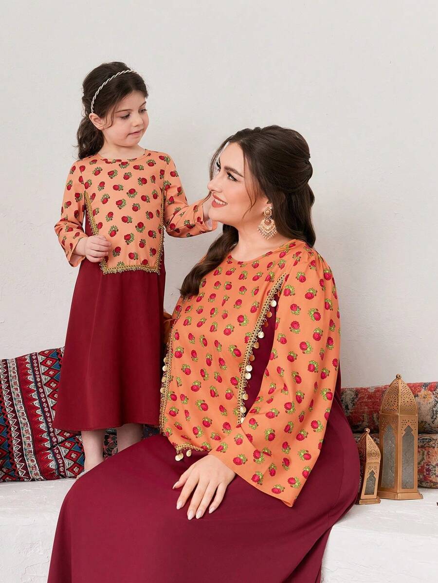 Al Najma Burgundy Red Plus Size Colorblock Round Neck Floral Printed Arabic Style Women's Abaya Kaftan Jalabiya Dress - Multicolor - View 1