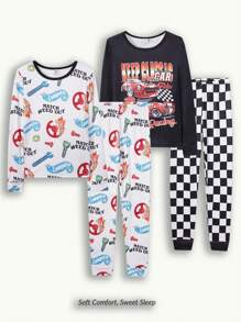 4 chiếc quần dài tay bó sát in hình xe đua màu đen/ca rô cho bé trai, bộ đồ bó tay dài họa tiết vô lăng và cờ ở nhà - Nhiều màu - Xem 1