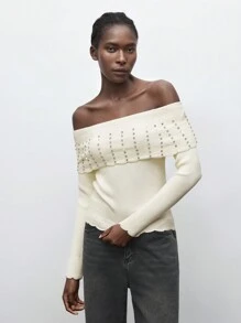 Maija 秋冬米白色米色水鑽裝飾優雅性感露肩針織毛衣，適合約會、外出、假日派對、婚禮，保暖 - 杏色 - 查看 5