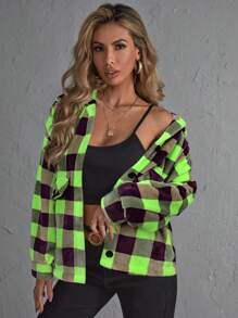 SHEIN LUNE Chaqueta casual de mujer con cierre de botones delantero, manga larga, bolsillo y estampado a cuadros, para uso diario