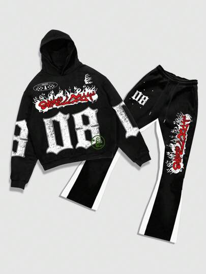 Street Life Men's Numeric Print Simple Hooded Top And Long Pants Set