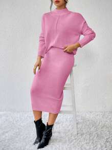 Chiquease 2pcs Set Minimalist Casual Drop Shoulder Knitted Sweater And Mini Skirt - Pink - View 5