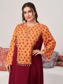 Al Najma Burgundy Red Plus Size Colorblock Round Neck Floral Printed Arabic Style Women's Abaya Kaftan Jalabiya Dress - Multicolor - View 5
