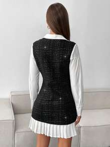 SHEIN Essnce Vestido de invierno para mujer, vestido largo, vestido blanco de parche de tweed de dos en uno, mini vestido con dobladillo plisado en forma de A, apertura frontal con botones sencillos, vestido corto casual, adecuado para uso diario. - Blanco y Negro - Ver 6