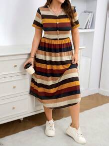 SHEIN LUNE SHEINLUNE Plus Size Women Striped Short Sleeve Knit Casual Dress, Vacation Outfits Woman,Modest Dresses For Women,Airport Outfit For Women,Boho Dress Women,Spring Dress,Resort Wear Women,Club Dress,Tropical Dress,Spring Spring Clothes Summer Clothes Spring Outfits For Women Vacation Outfits Woman