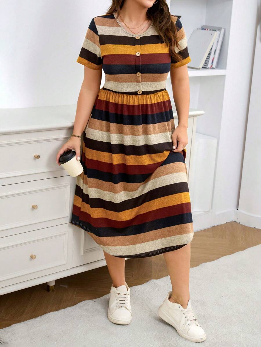 SHEIN LUNE SHEINLUNE Plus Size Women Striped Short Sleeve Knit Casual Dress, Vacation Outfits Woman,Modest Dresses For Women,Airport Outfit For Women,Boho Dress Women,Spring Dress,Resort Wear Women,Club Dress,Tropical Dress,Spring Spring Clothes Summer Clothes Spring Outfits For Women Vacation Outfits Woman