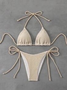 2pcs Women Summer Beach Outfit, Plain Textured Fabric Halter Triangle Bikini Top And Side Tie Swim Bottoms