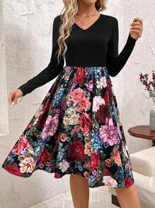 SHEIN Clasi 女式 V 领收腰 A 字形连衣裙，简约休闲，适合日常穿着 - 彩色 - 查看 5