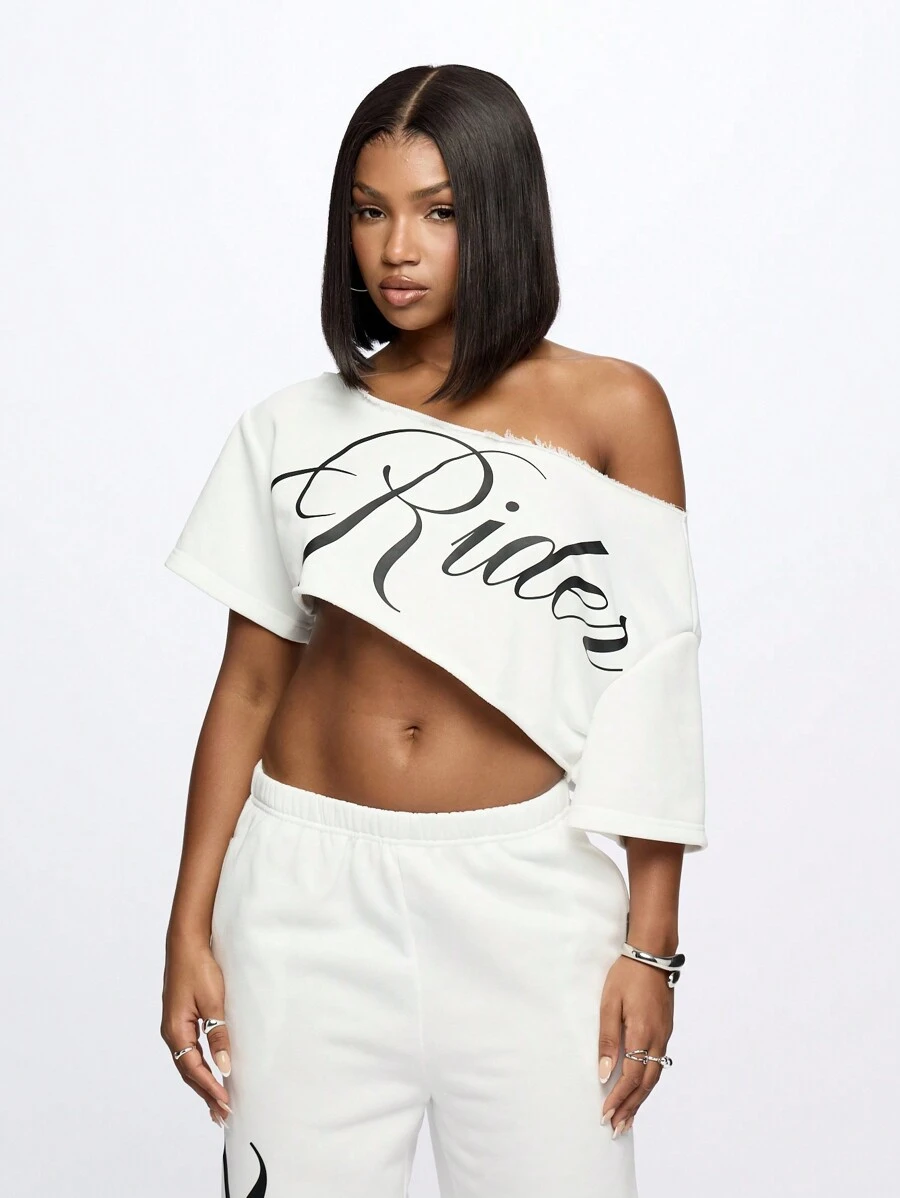 SUMWON WOMEN 露肩不对称短款上衣字母图案印花设计原始边缘夏季节日休闲街头风格酷炫 - 白色 - 查看 1