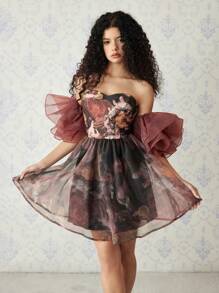 SHEIN MOD Brown Vintage Painting Printed Renaissance Style Dress For Women, Suitable For Party, Costume Ball - Brown - View 7