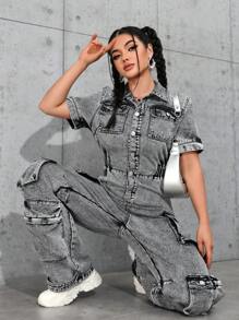 SHEIN EZwear 女士短袖单排扣休闲工装牛仔连体裤 - 灰色 - 查看 2