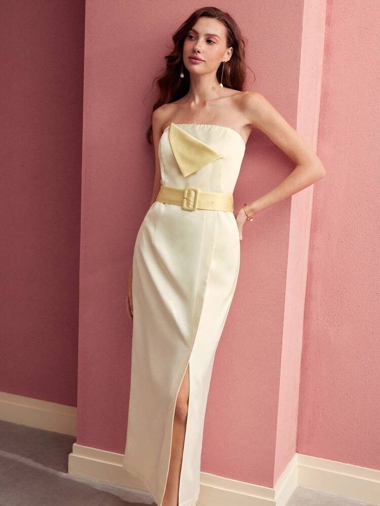 CONTRAST COLOR SPLIT HEM TUBE MIDI DRESS,VALENTINE'S DAY OUTFIT,SPRING/SUMMER