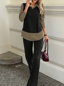 SHEIN LUNE Women's Casual 2 Pieces Striped Long Sleeve Top & Pants Set, Autumn - Khaki - View 1