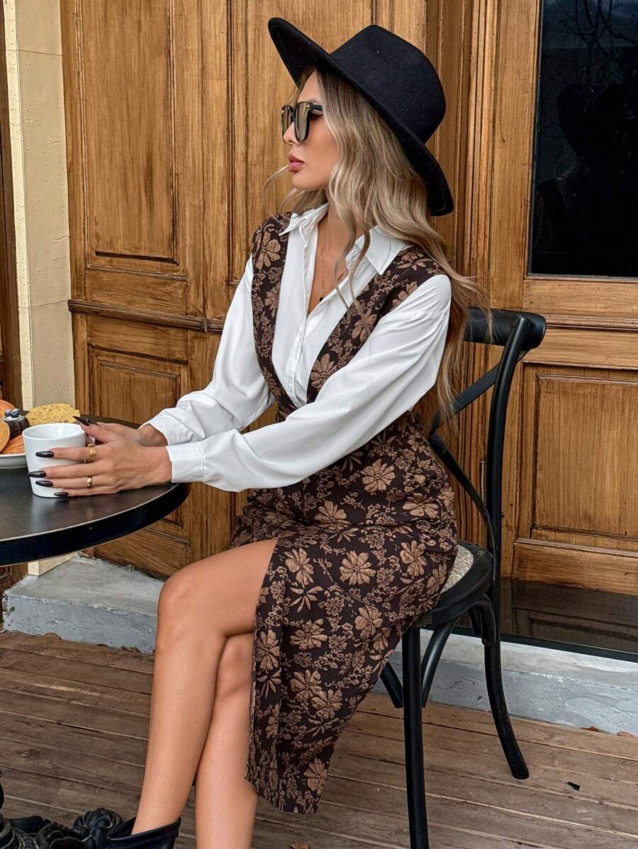 SHEIN LUNE Brown Jacquard Suspender Long Pencil Dress, Christmas And Thanksgiving Dress