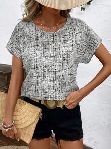 SHEIN LUNE Women's Plaid Round Neck Loose Batwing Sleeve Casual Blouse - White - View 4