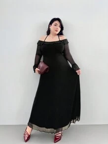 SHEIN Privé 大码优雅时尚黑色长袖荷叶边下摆网眼连衣裙，性感系带，节日，新年，派对，办公室，休闲，春秋，海滩 - 黑色 - 查看 4