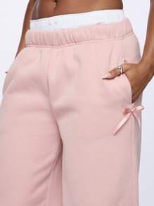 SUMWON WOMEN 宽腿羊毛慢跑休闲裤，带侧蝴蝶结细节，超大运动运动裤，冬季休闲裤，舒适运动休闲裤 - 粉色 - 查看 3