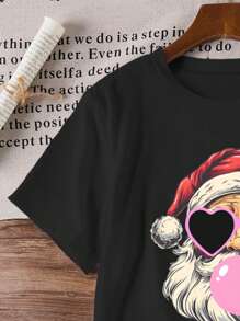 Áo thun tay ngắn in hình ông già Noel thường ngày cho bé gái tuổi teen, dành cho Giáng sinh - màu đen - Xem 3