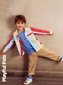 SHEIN 1 Pc Young Boys' Denim Jacket, Colorful Striped Contrast Stitching, Casual Basic, Cute/Retro Style Suitable For School And Outdoor, Spring