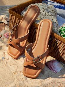 Styleloop 大码女式时尚纯色露趾平底凉鞋，户外沙滩拖鞋，带搭扣，简约百搭，适合夏季，防滑，度假旅行必备波西米亚风 - 棕色 - 查看 2