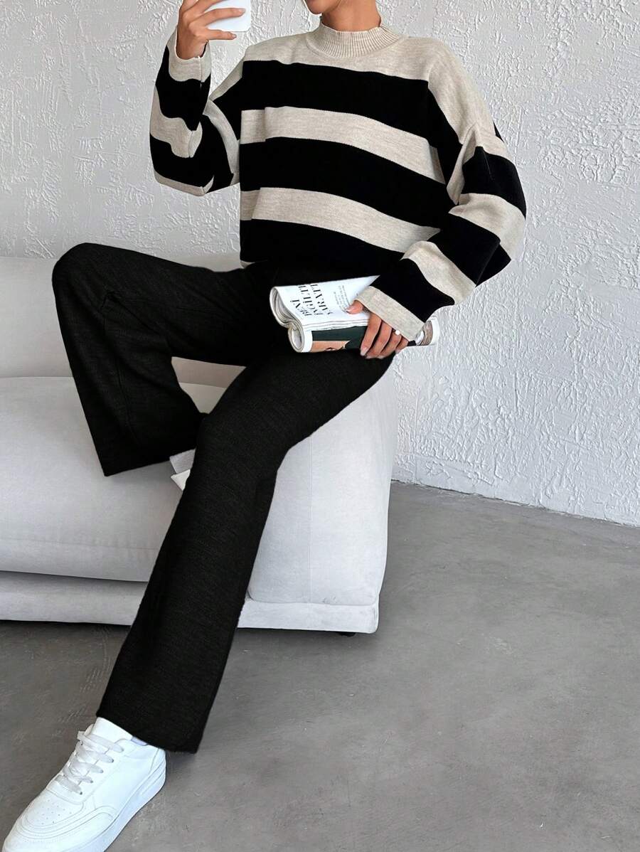 EURMUSE Striped Pattern Drop Shoulder Sweater & Knit Pants ,Petite Women - Black - View 1