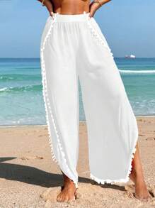 Swim Vcay Summer Outfits For Women Women Beach Vacation Solid Color Side Slit Coverup Top And Pants Set Summer