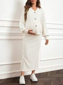 SHEIN 2-częściowy zestaw ciążowy, jednokolorowy kardigan i spódnica w kształcie litery A, wygodny - Biały - Zobacz 4