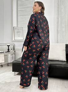 SHEIN Conjunto de pijama de manga larga con abertura frontal con estampado de cerezas, talla grande - Multicolor - Ver 2