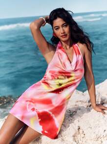 Opulessa 女式编织花卉印花深 V 领紧身迷你连衣裙 - 粉色 - 查看 3