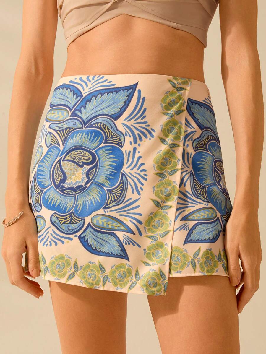 CAJUNI Damen Boho tropische Pflanzen Floral bunter Muster Shorts, lässige Sommer Strandshorts