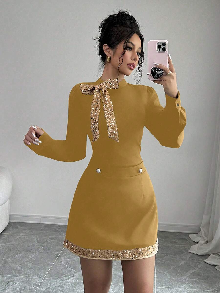 Elenzga Set de top de manga larga y falda con decoración de lentejuelas elegante para mujeres, para el otoño